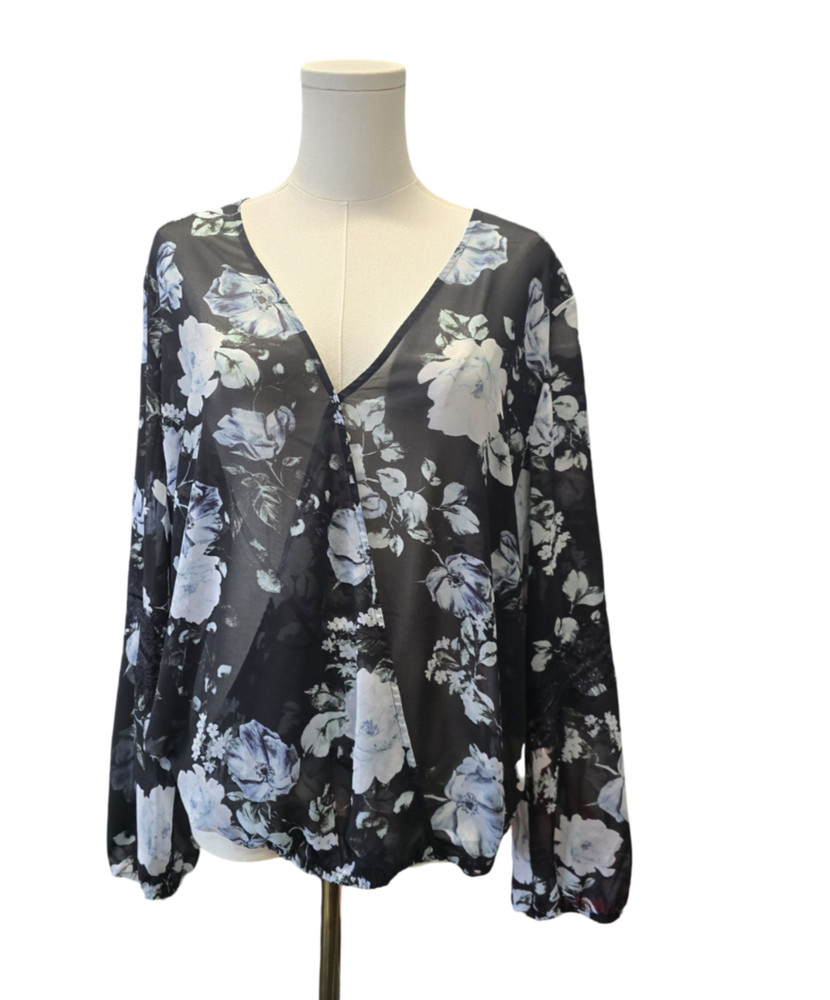 New York & Company blouse, Sz L, floral print, black & white, see through design