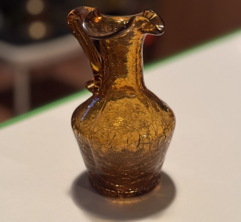 🌟 Vintage Amber Crackle Glass Pitcher Hand Blown w/ Applied Handle 5”