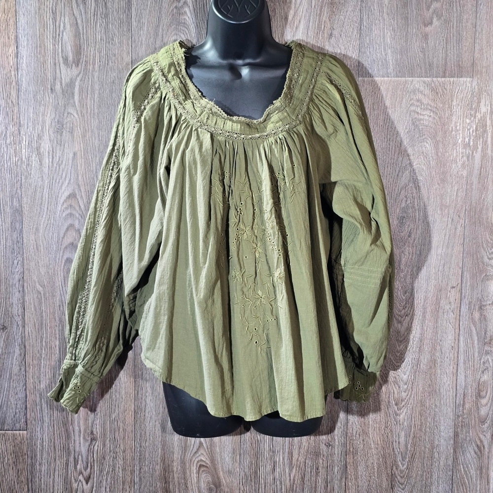 LIV LOS ANGELES Olive Green Embroidered Square Neck Peasant Blouse Size L