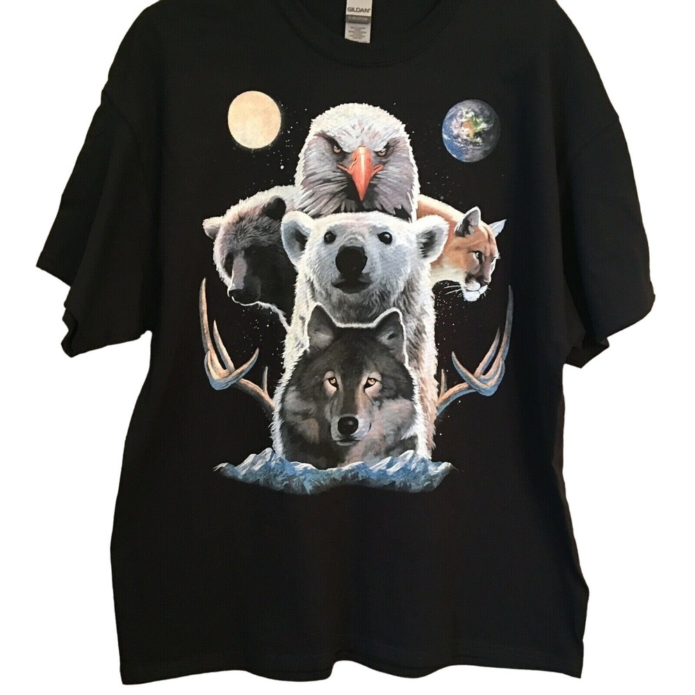 T Shirt Animal Totem Eagle Wolf Bear Cat Unisex XL Black Gildan Brand NWOT NEW