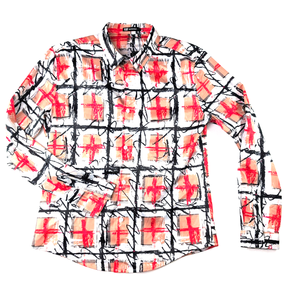 Mens Abstract Graffiti Print Button Up Shirt XXL Streetwear Graphic Long Sleeve-image