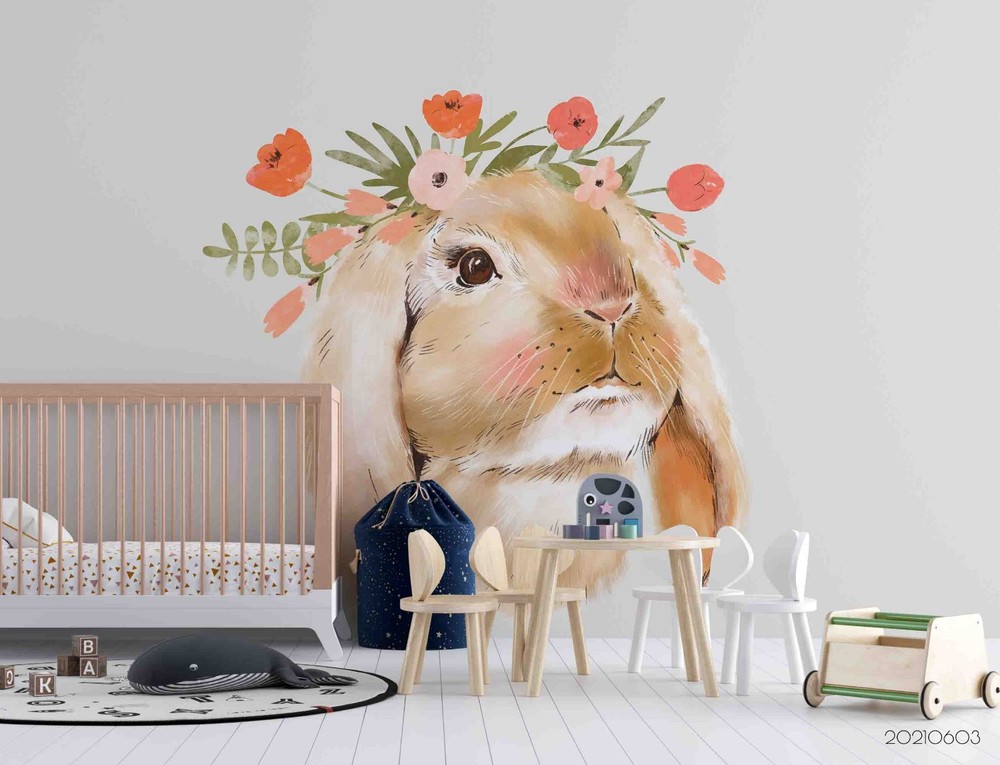 3D Rabbit Flower Watercolor Wall Murals Wallpaper Murals Wall Sticker 3