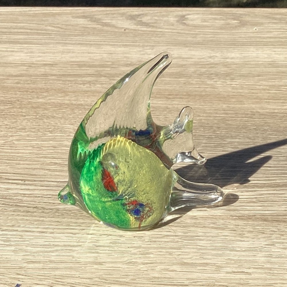 Murano Style Hand Blown Glass Fish Figurine Art Sculpture Green Red Blue Accent