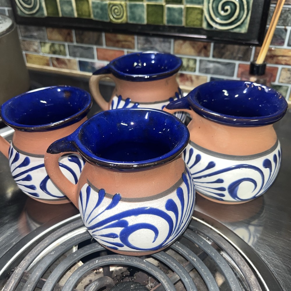 Hand-painted Mexican coffee and hot chocolate clay mug set of 4, made in Mexico
