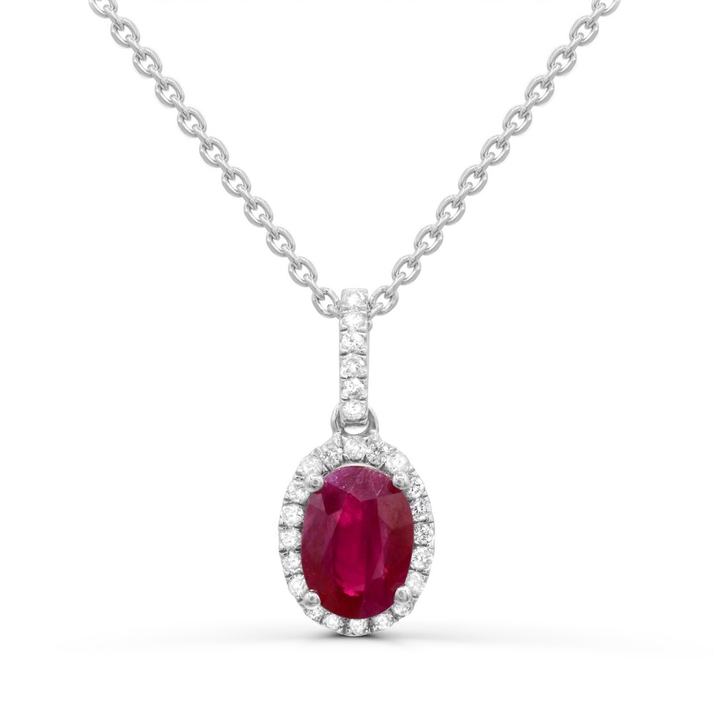 14K White Gold Genuine Ruby and Diamond Pendant Necklace 18