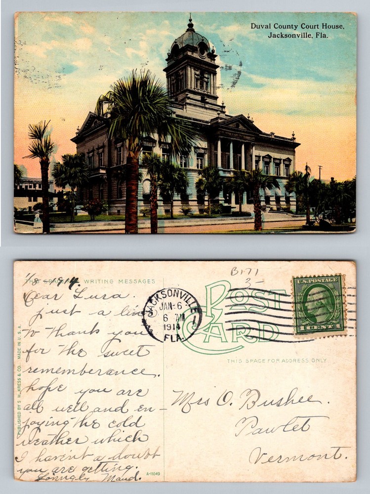 Jacksonville, FL-Florida, Duval County Court House Vintage c1914 Postcard