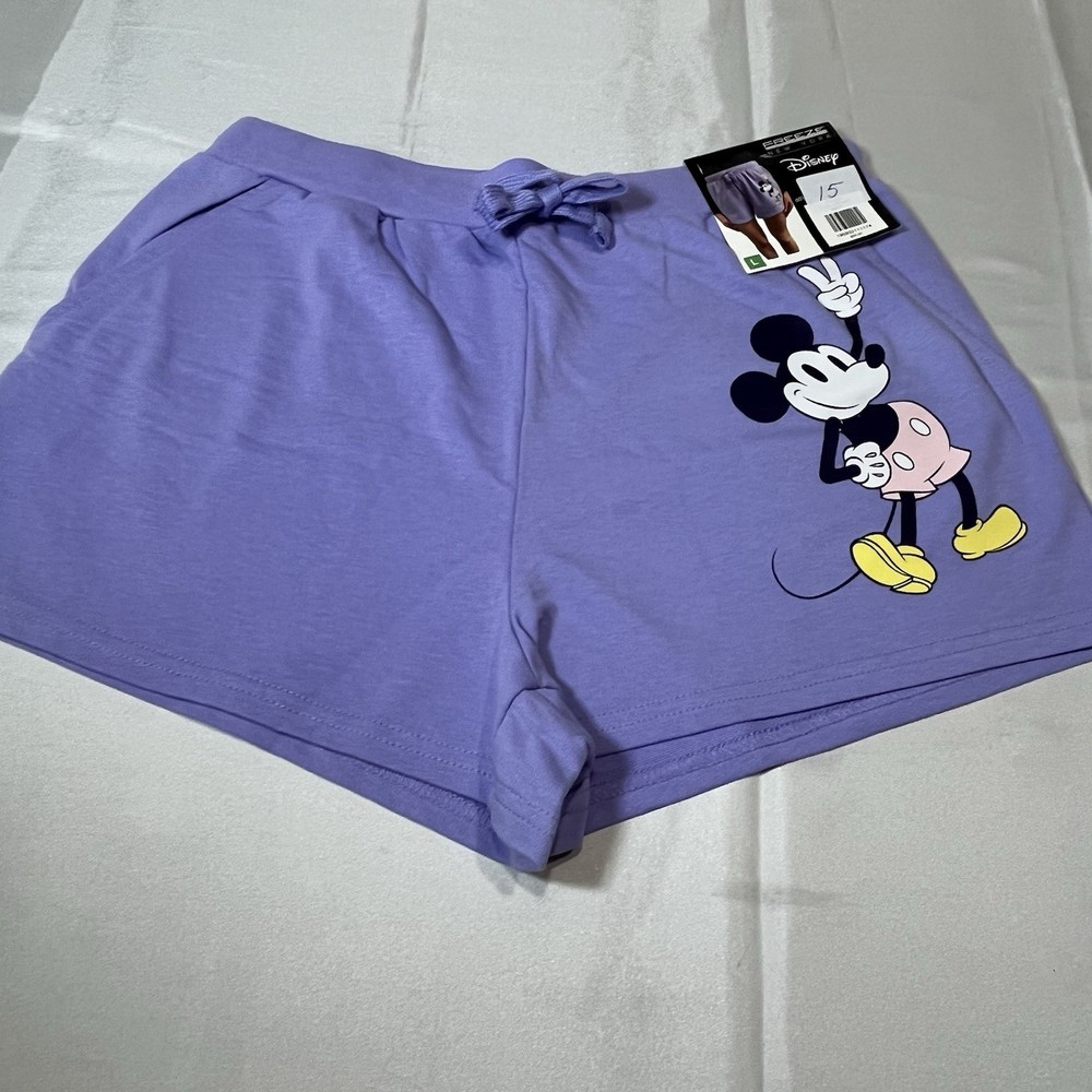 NEW! Disney Mickey Mouse Women Shorts Purple Peace Sign Sz L Loungewear Comfort