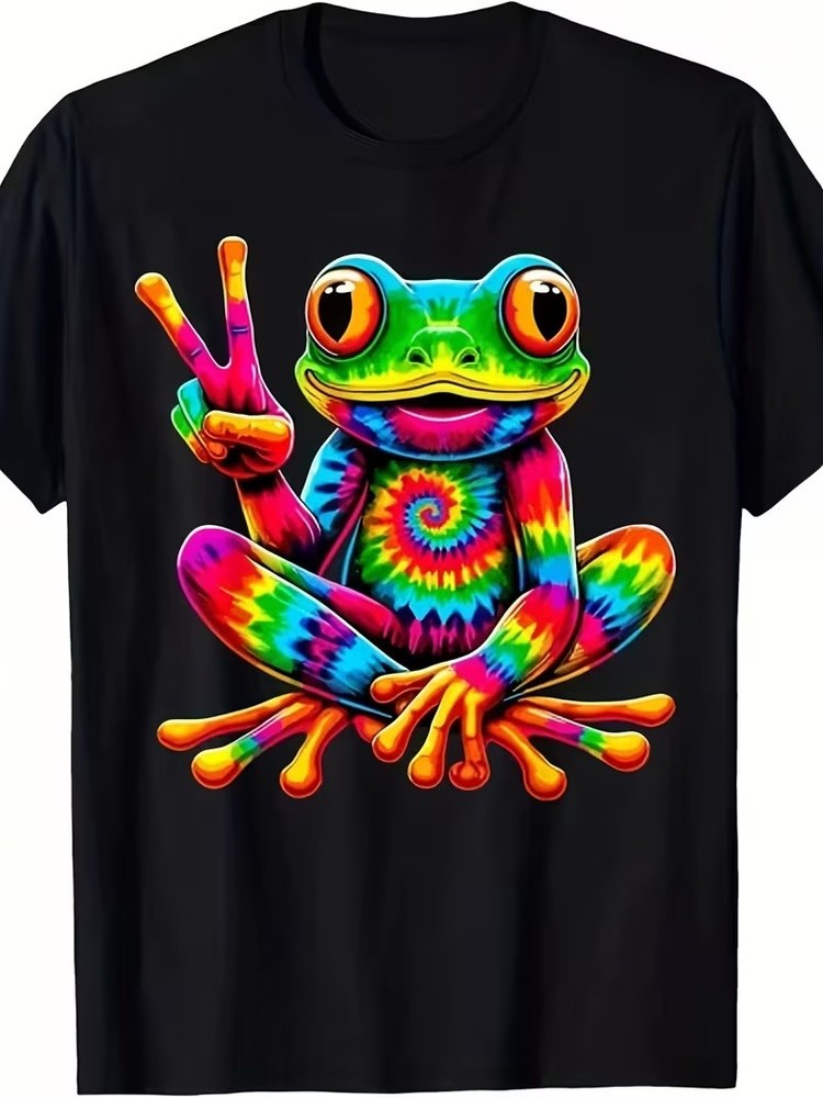 Retro 60s 70s Hippie Tie-Dye Frog Peace Sign Graphic T-Shirt