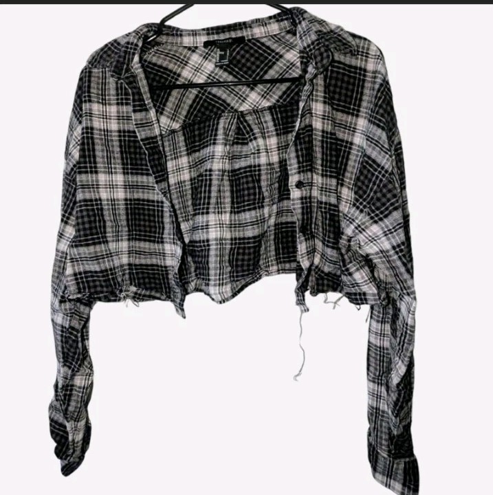 Forever 21 Black White Plaid Collared Long Sleeve Cropped Blouse, Woven