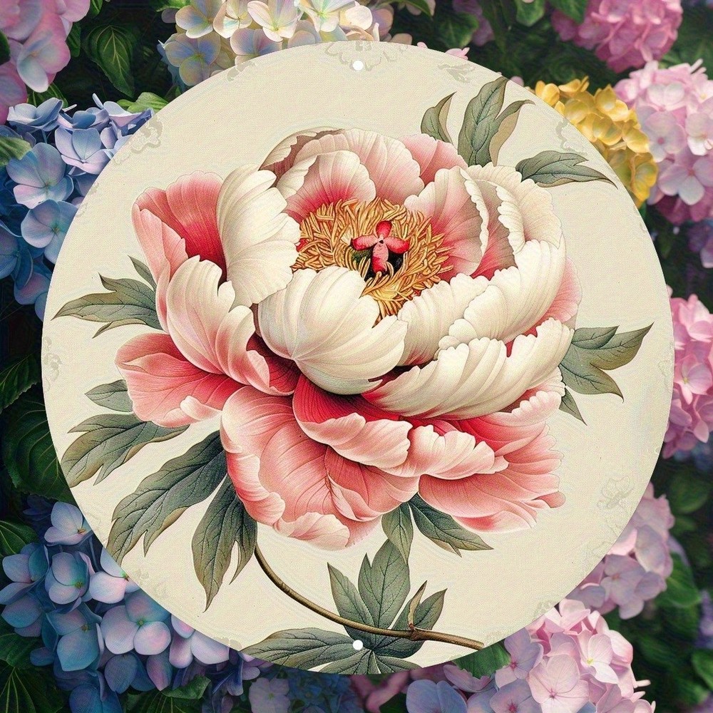 Elegant Pink White Peonies Golden Accents Round Aluminum Wall Art