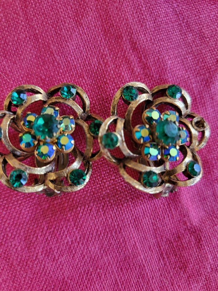 Selro Selini Green And AB Rhinestones Gold tone Clip on Earrings Floral READ