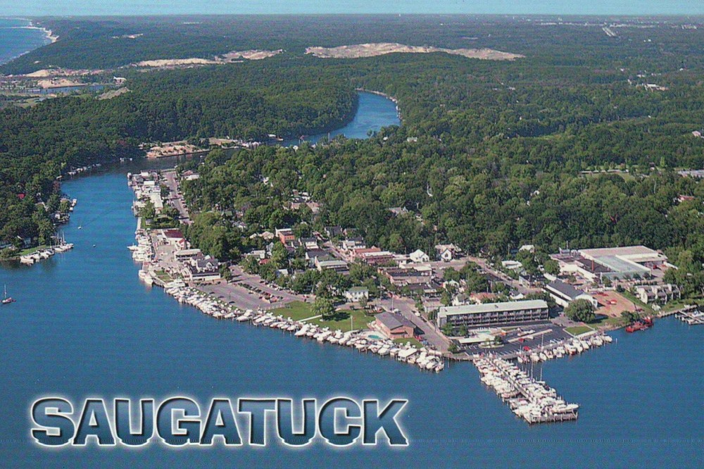 Aerial View of Saugatuck Michigan, Downtown, Boating & Vacation Area -- Postcard
