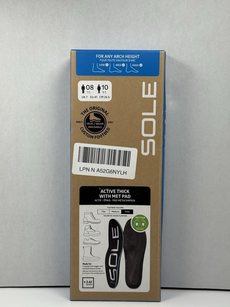 SOLE Active Thick Insoles with Met Pad for Men 8 Women 10 Arch Support Pair