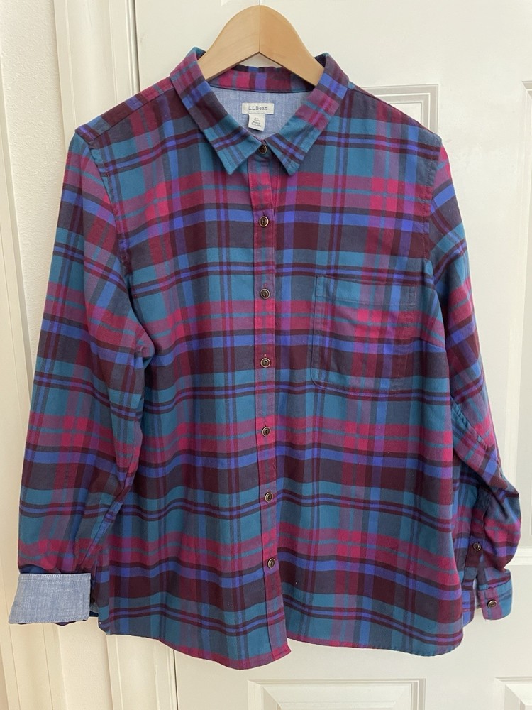 LL Bean Women's Scotch Plaid Flannel Shirt Sz 1X Relaxed Jewel Tones Outdoor