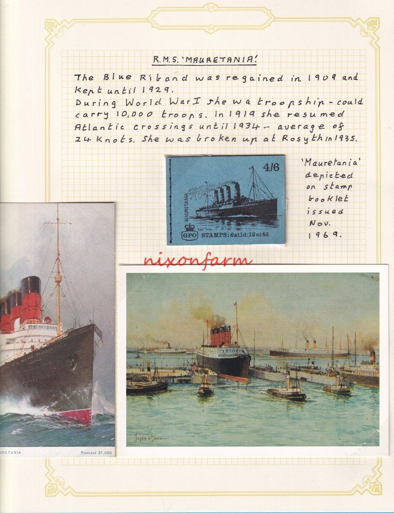 Original Album Page  Cunard Line R.M.S. MAURETANIA 2 Postcards & Book of Stamps
