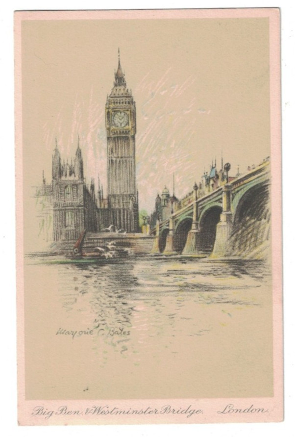 Antique Big Ben & Westminster Bridge London Artist Signed Marjorie C. Bates Pc