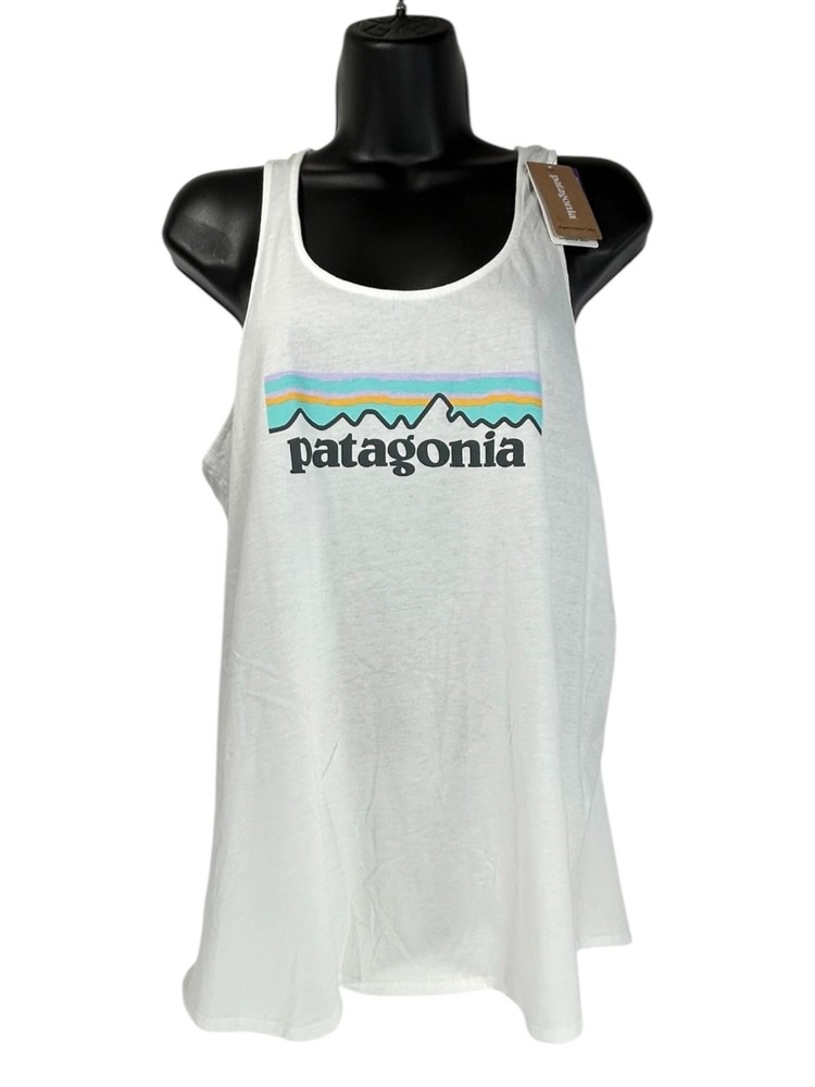 PATAGONIA Tank Top Sz M White Graphic Logo Print Organic Cotton Racerback Tank
