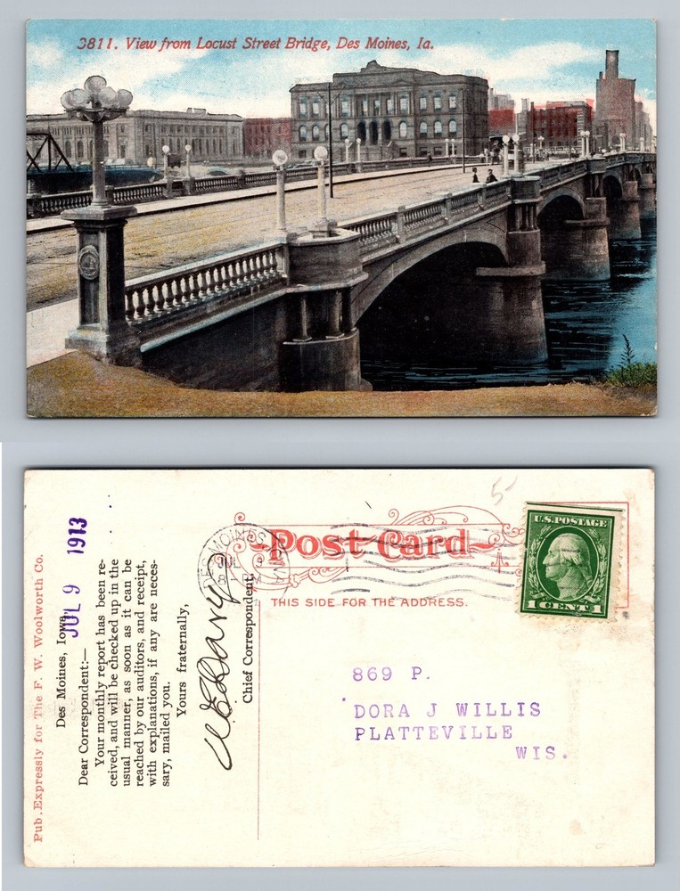 Des Moines, IA-Iowa, Locust Street Bridge River View Vintage Postcard