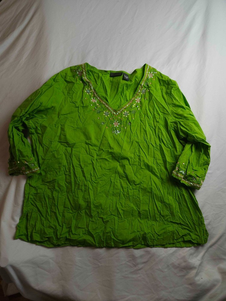 Relativity Tunic Top Womens 2X Green Floral Embroidered Cottagecore Boho Chic