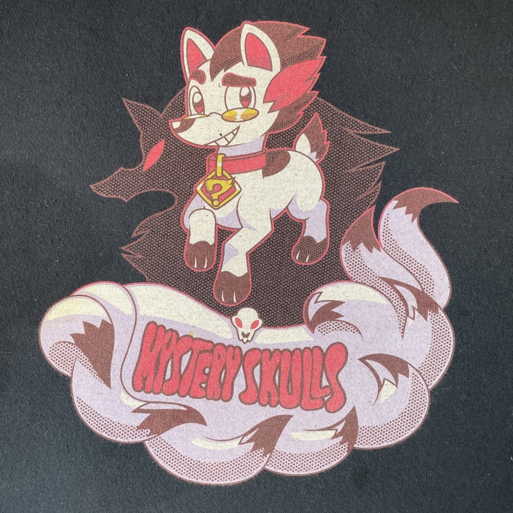 Mystery Skulls Graphic Print T-Shirt Men's Size L Gildan Black Cotton Blend Rare