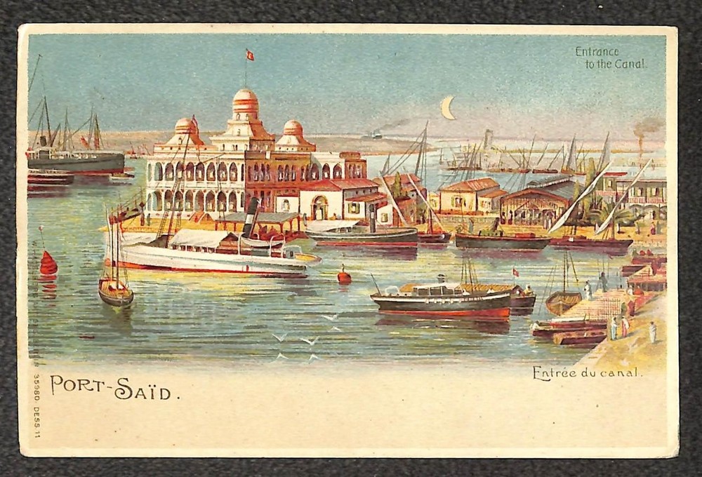 PORT SAID EGYPT SHIPS CANAL ENTRANCE DIE-CUT HOLD TO LIGHT HTL POSTCARD (c.1905)