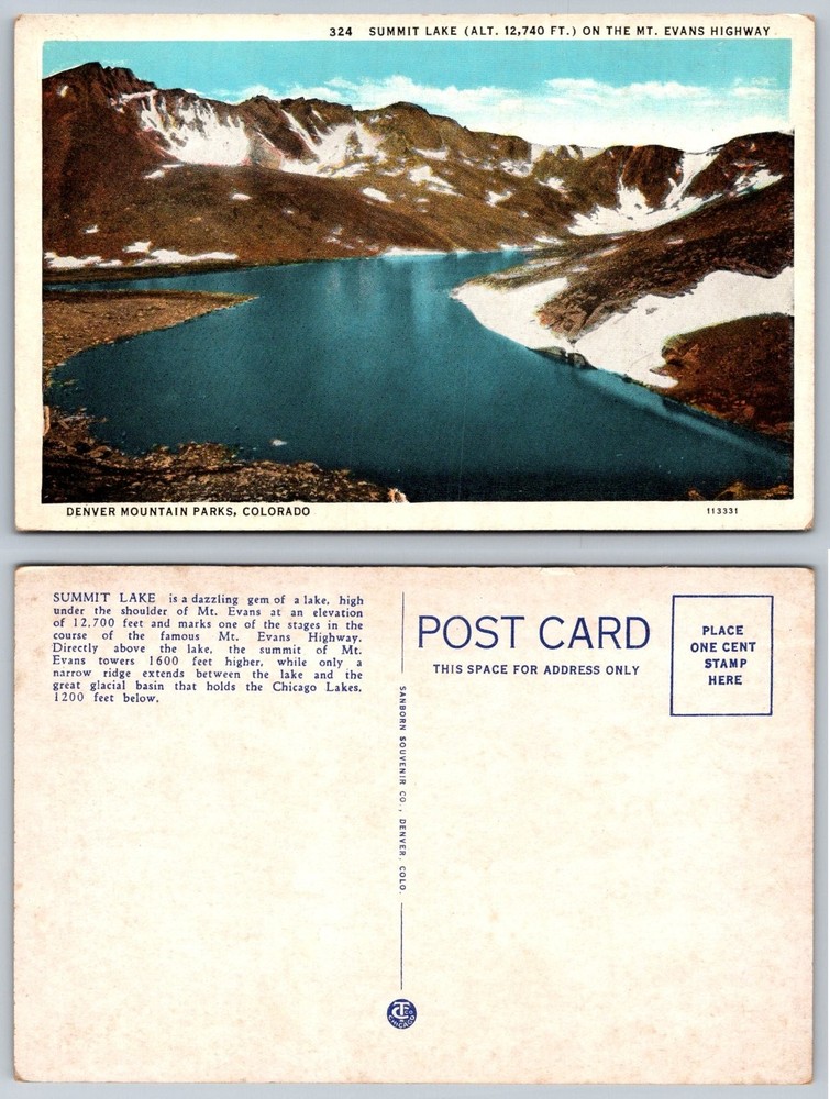 Summit Lake Mt Evans Highway Colorado Vintage Postcard Denver Mountain Parks