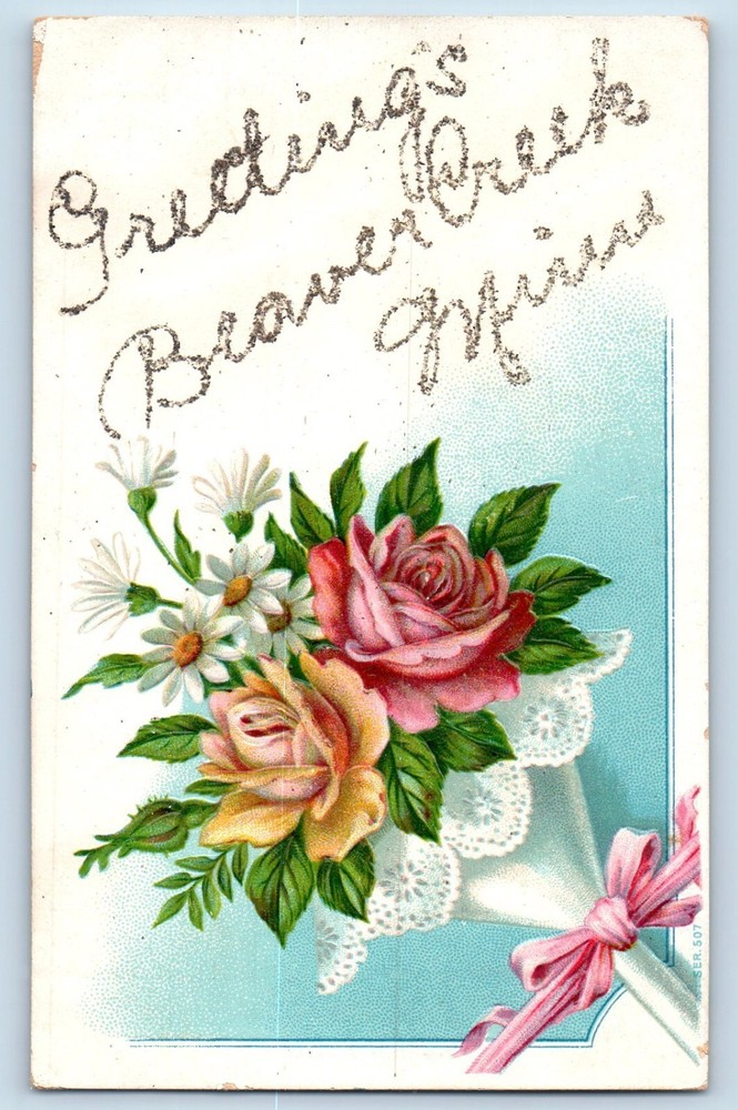 Beaver Creek Minnesota MN Postcard Flower Glitter Embossed c1910 Vintage Antique