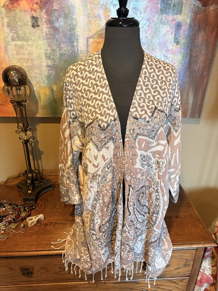 Soft Surroundings Kimono Top Womens S/M Beige Paisley Sequin Fringe Boho