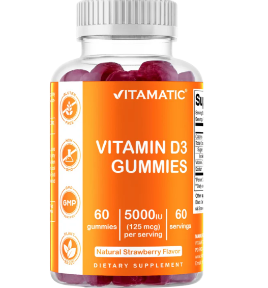 Vitamatic Vitamin D3 Gummies - 5000 IU - 60 Gummies - Strawberry Flavor