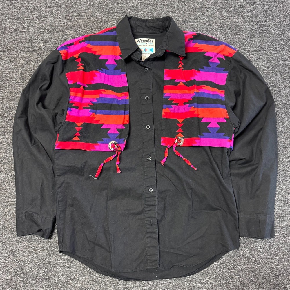 Vintage 90s WRANGLER Aztec Western Rodeo Button Up Shirt Top Sz L Womens Black