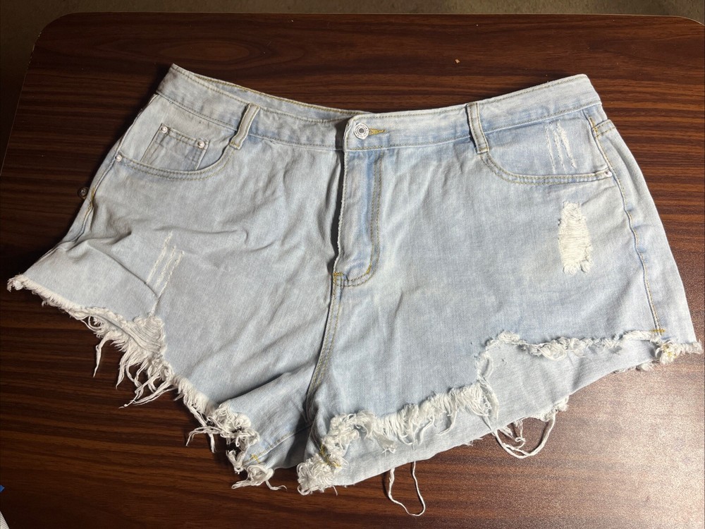 Shein Curve Women's Blue  Denim Distressed High Rise Cut Off Raw Hem Shorts  2XL