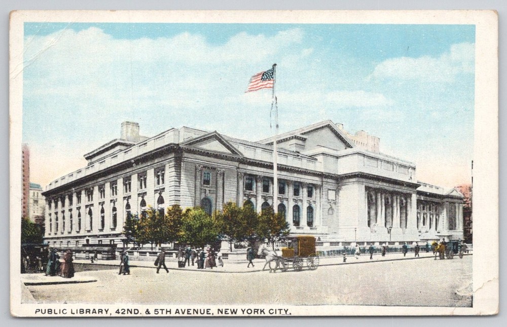 NYC Public Library 42nd & 5th Ave Antique Postcard New York City