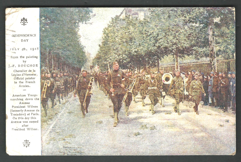 AMERICAN RED CROSS July 4 1918 Independence Day Parade Postcard AEF Free Franked