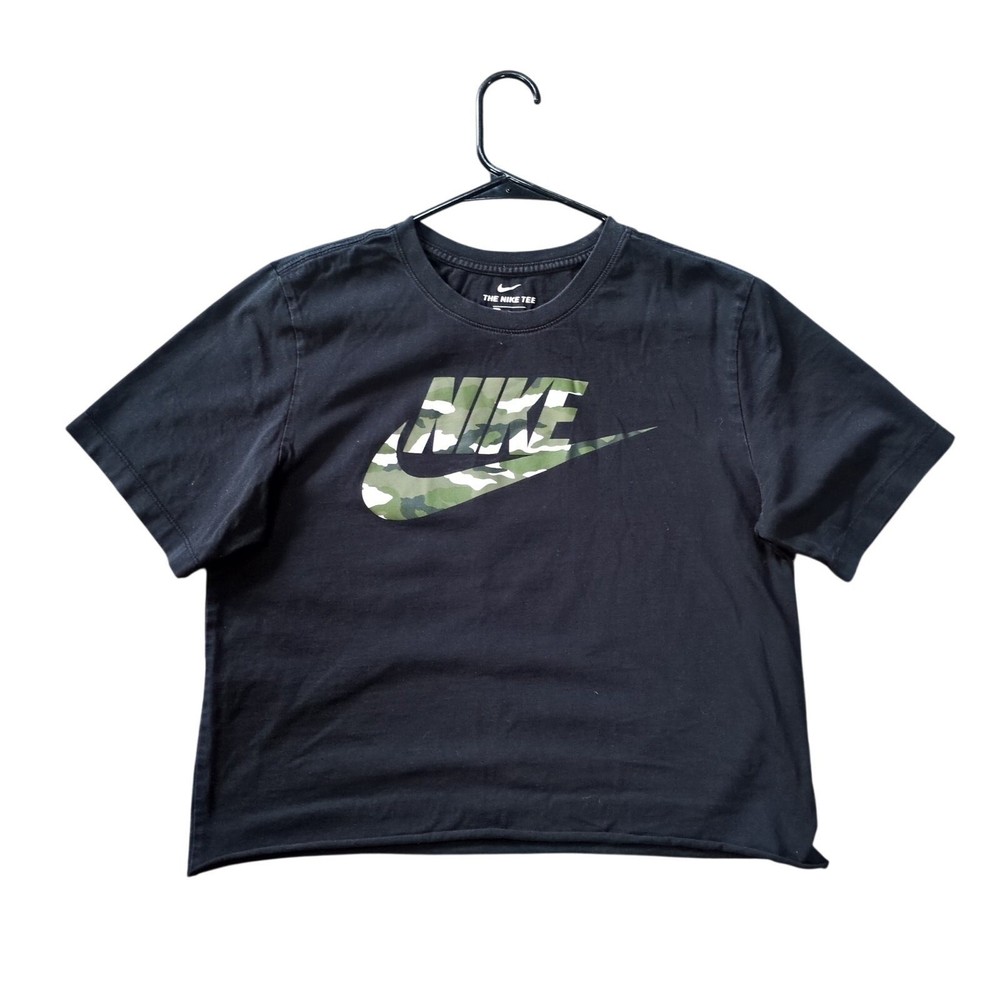 Nike Crop Top Shirt Women's Size M Black Camo Swoosh Cropped Training Workout