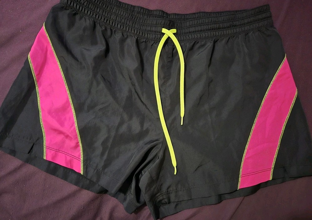 BCG Women's Colorblock Athletic Shorts Black Pink Yellow Elastic Waist