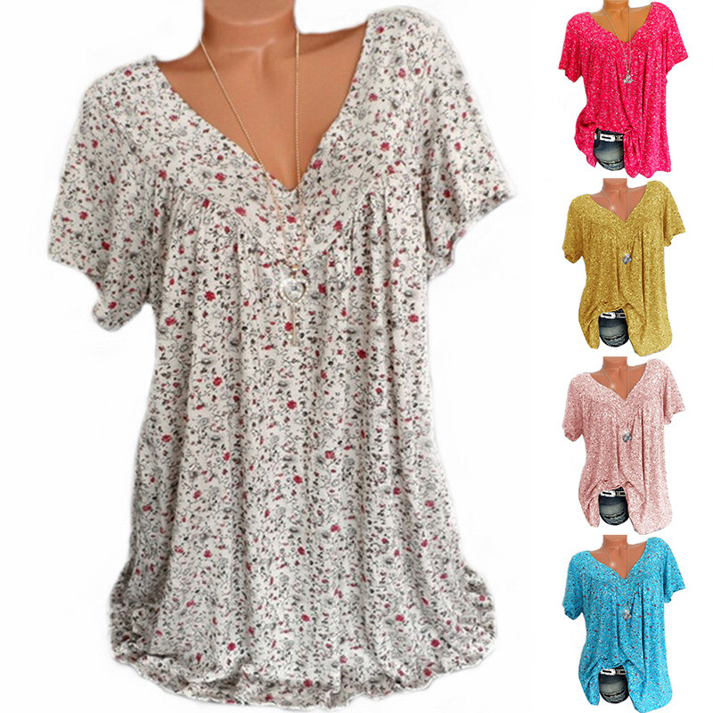 Plus Size Women Short Sleeve T-Shirt V Neck Summer Casual Baggy Blouse TopShirt~