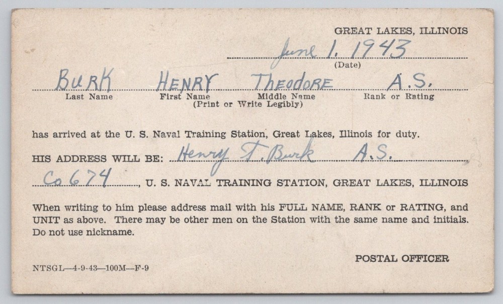 1943 WWII Naval Training Station Great Lakes Illinois Official Postcard