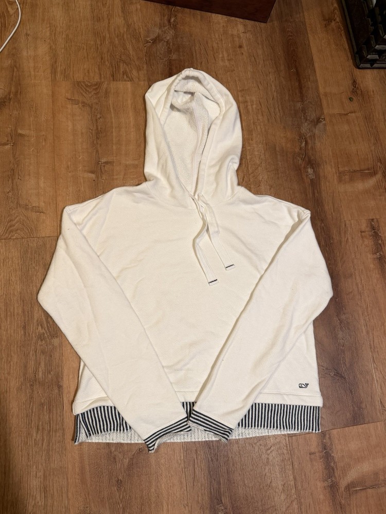 Vineyard Vines Womens Pullover Hoodie Cream Striped Hem Whale Logo S