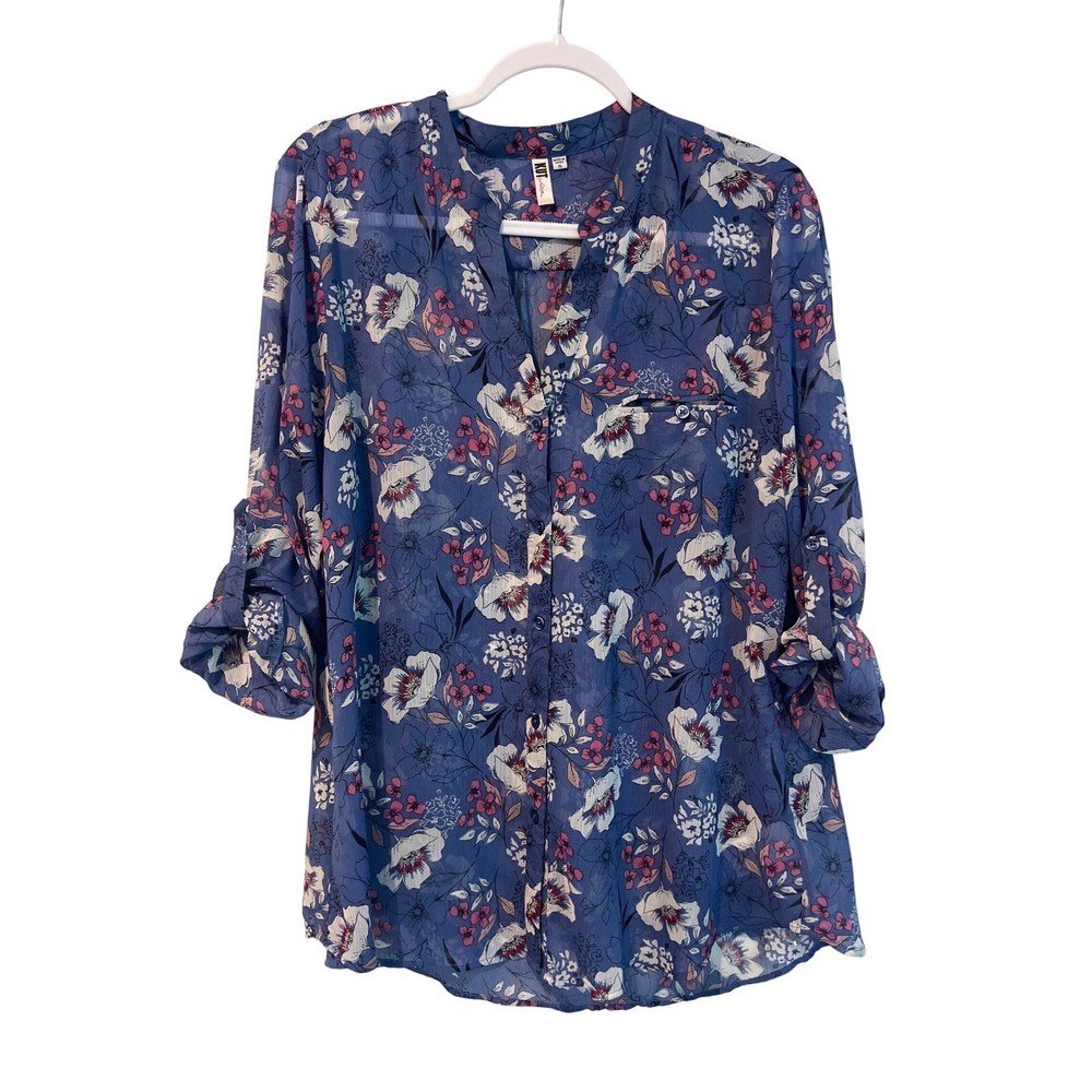 KUT from the Kloth Womens XL Blue Floral Roll Tab Sleeve Split Neck Blouse Top