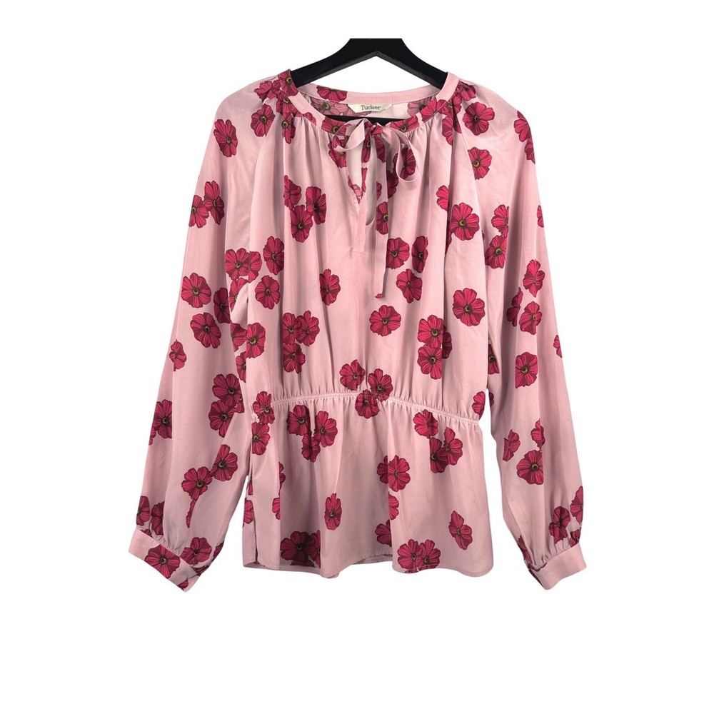 Tucker Silk Floral Peplum Blouse sz M Pink Tie preppy colorful cocktail