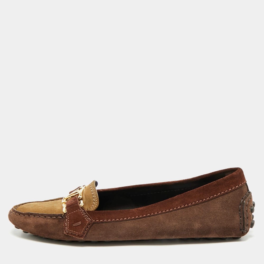 Louis Vuitton BrownBeige Suede Oxford Slip On Loafers Size 38