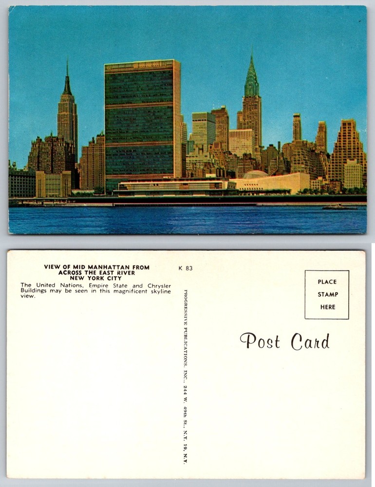 NYC Mid-Manhattan Skyline Postcard UN Empire State Chrysler Buildings 1950s