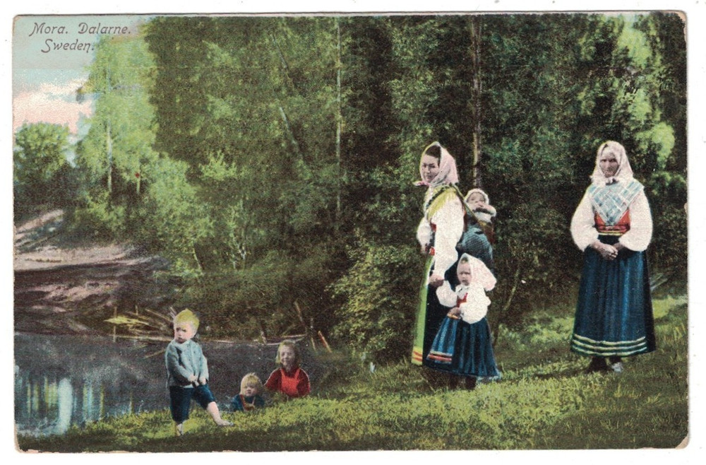 Antique 1905 Udb Village Ladies Watching The Children Mora Dalarne Sweden Pc