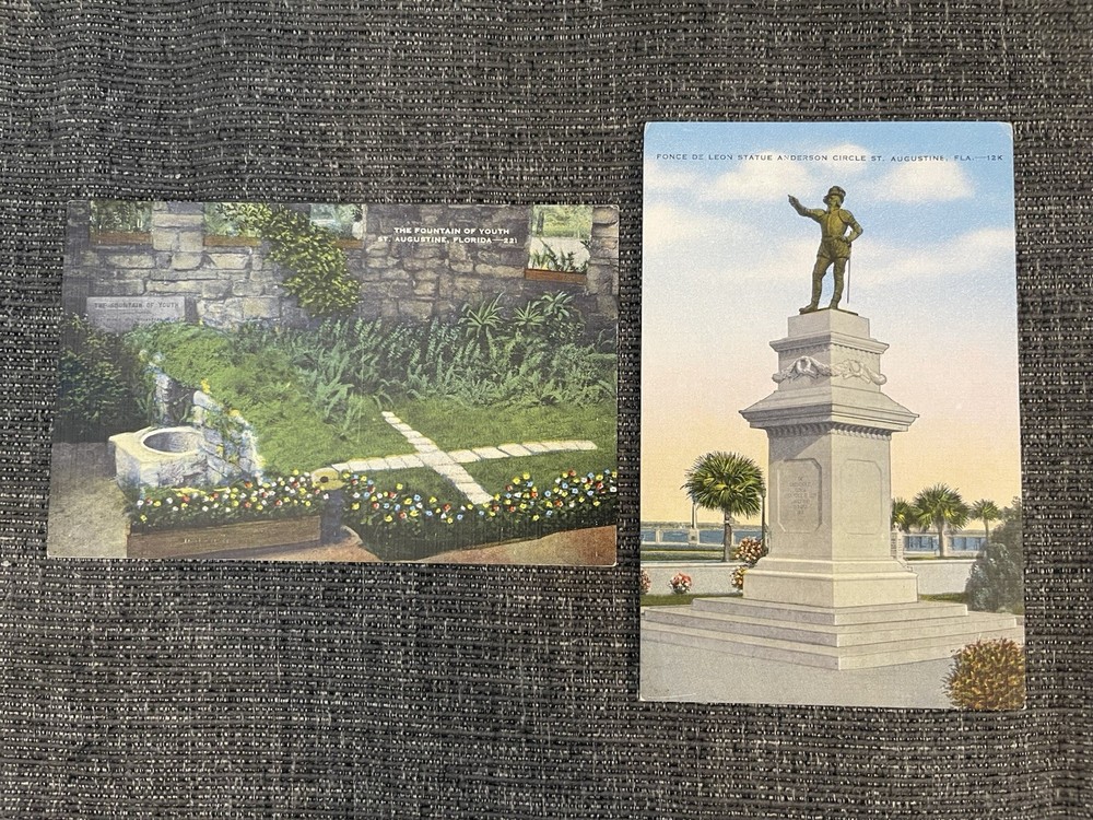 Linen Postcards St. Augustine, FL~ Ponce de Leon Statue & Fountain Of Youth