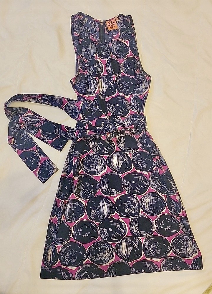 Tory Burch Flinnia Wild Orchid Dress Sleeveless Tie Waist Pink Blue Size XS
