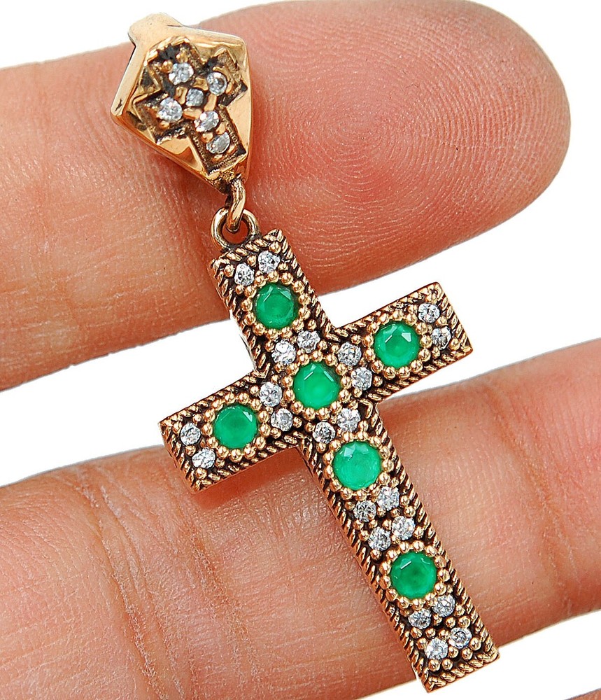 Cross Ottoman Empire 1CT Emerald 925 Silver Pendant S2433