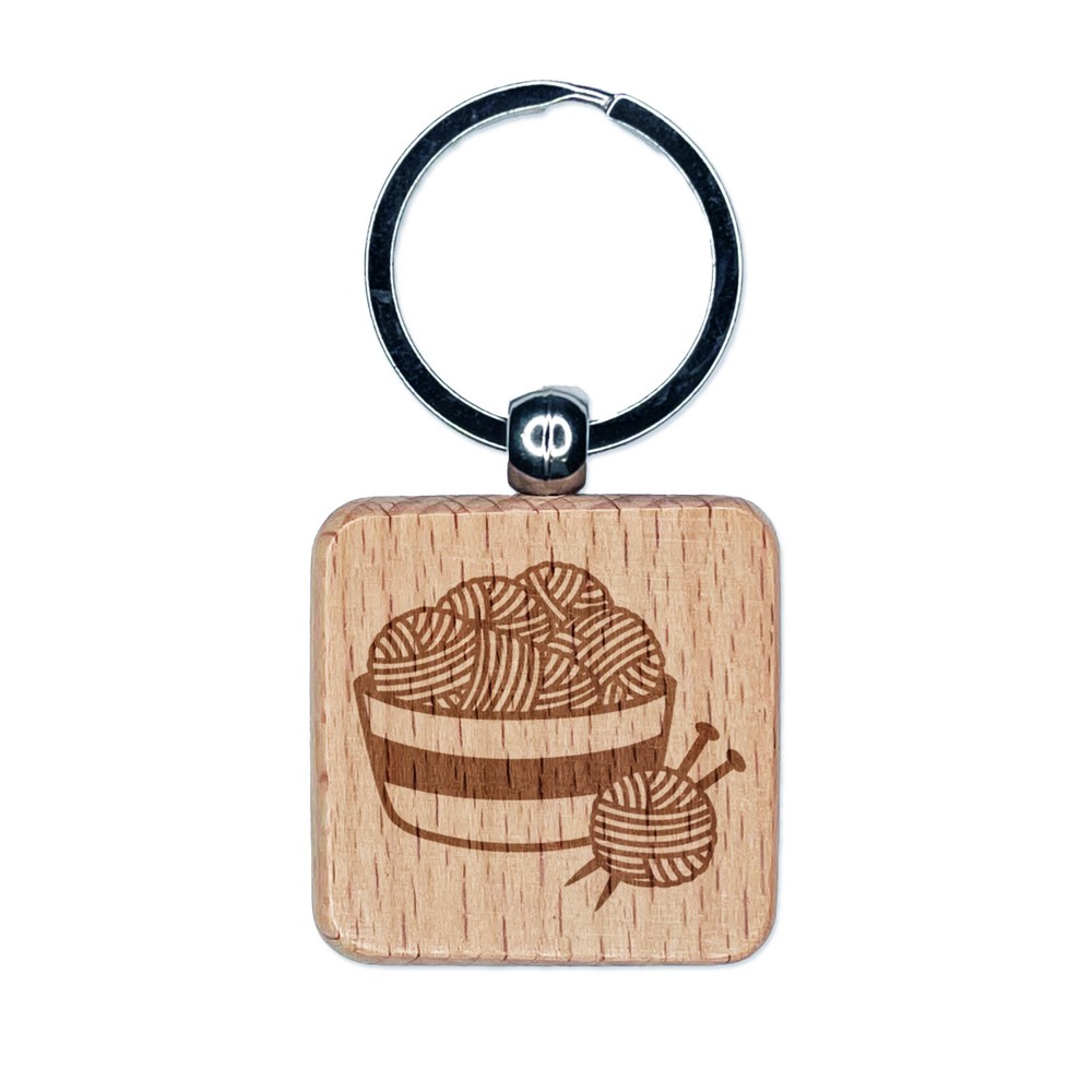 Yarn Knitting Engraved Wooden Square Keychain Charm Tag  