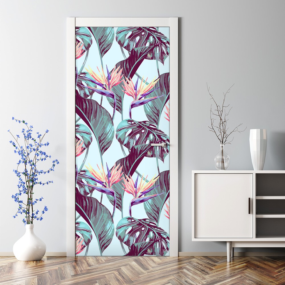 Blue Tropical Leaves Bubble Free Door sticker self adhesive Decal peel & stick