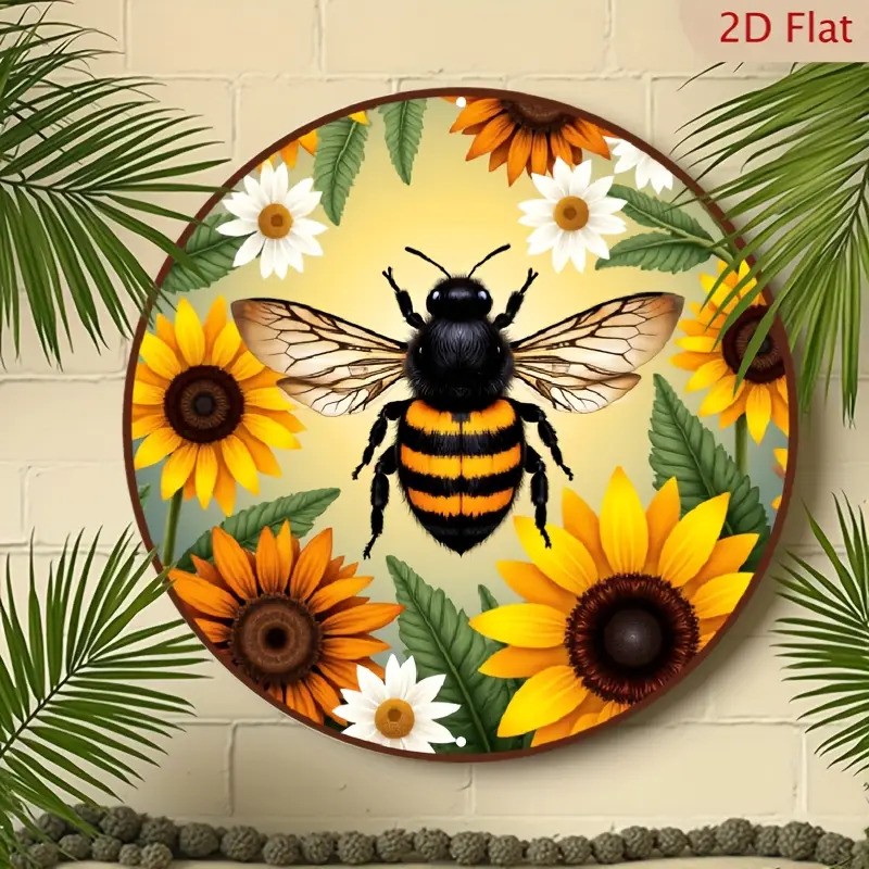 Bee & Sunflower Round Aluminum Wall Art 8x8Inch Home/Cafe Decor