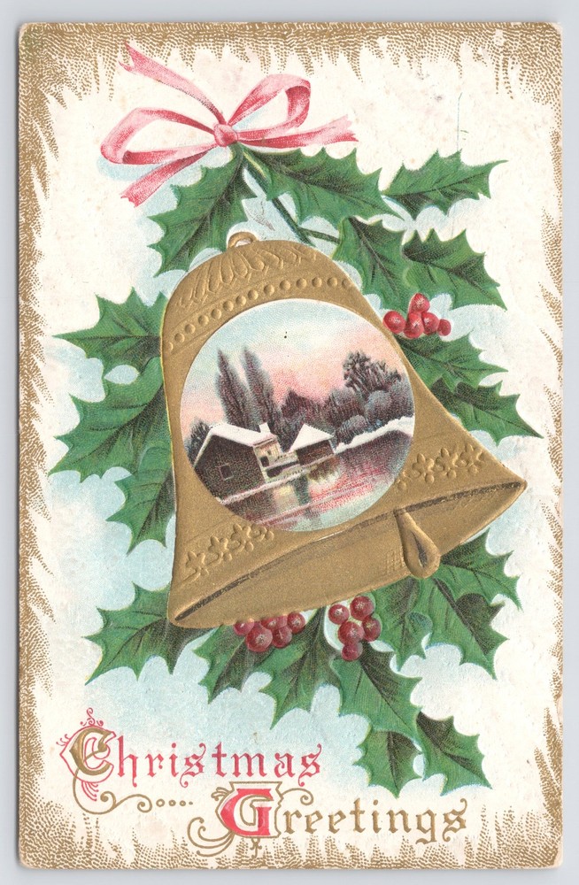 Holiday~Home In Bell & Holly Christmas Greeting~Vintage Postcard